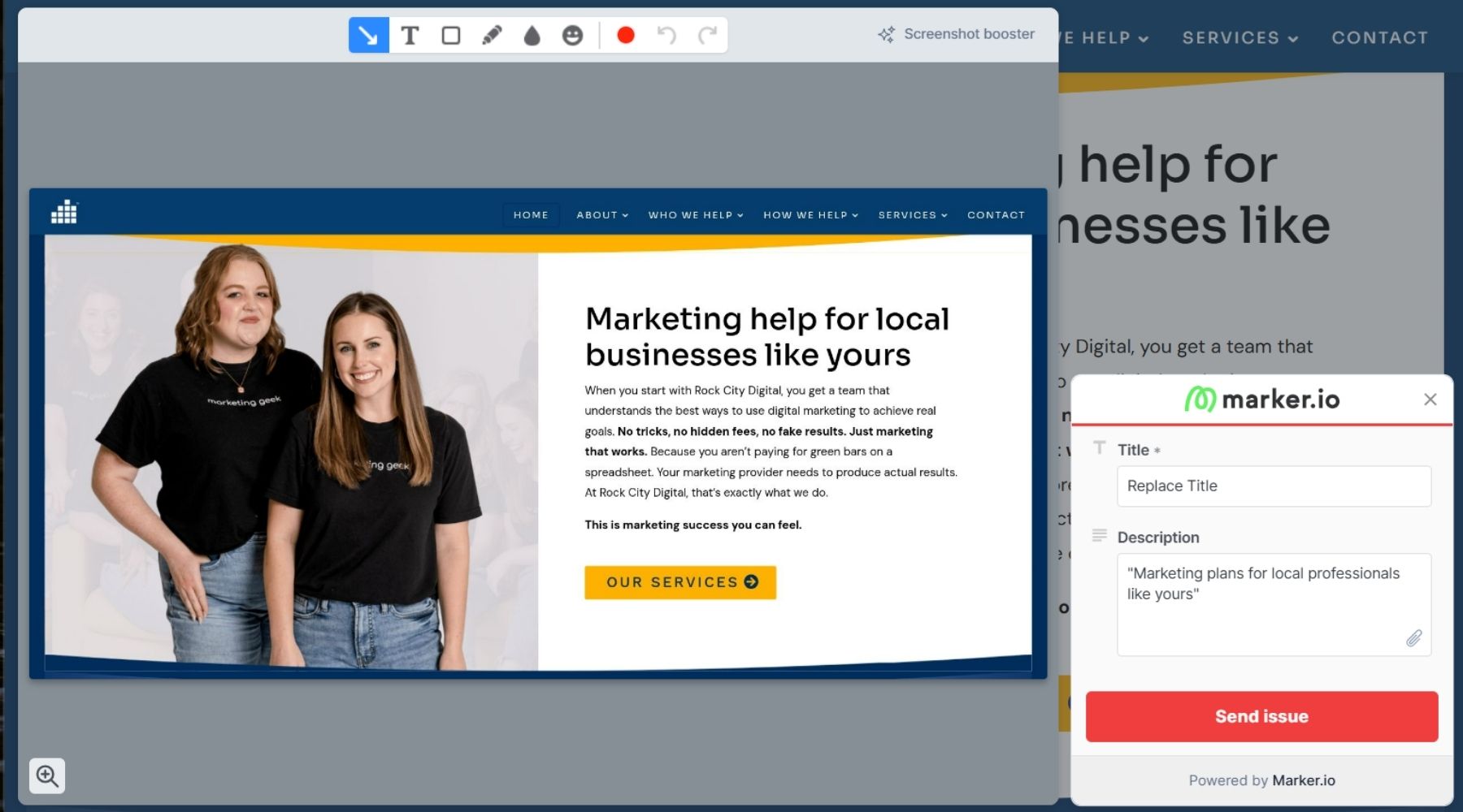 Screenshot of a website preview featuring two smiling women in black t-shirts and jeans, standing to the left of marketing service details and a yellow Our Services button on a blue and white background.