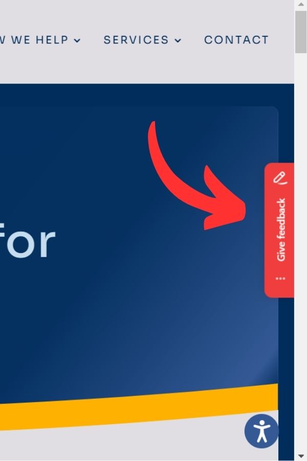 A website interface with a red Give feedback tab on the right side and a large red arrow pointing to it. The background is mostly blue with partial yellow and gray elements.