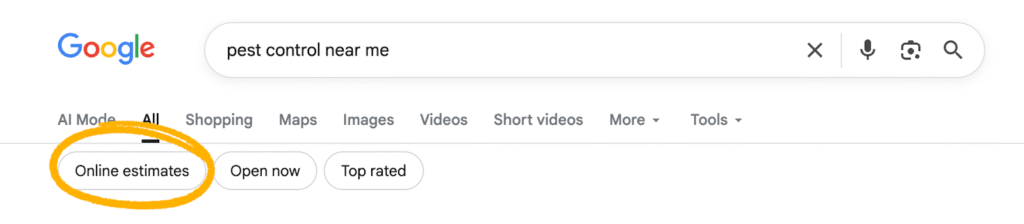 Google search results page for pest control near me, highlighting how Google is prioritizing online estimates and pricing with the Online estimates filter circled in orange above the results.